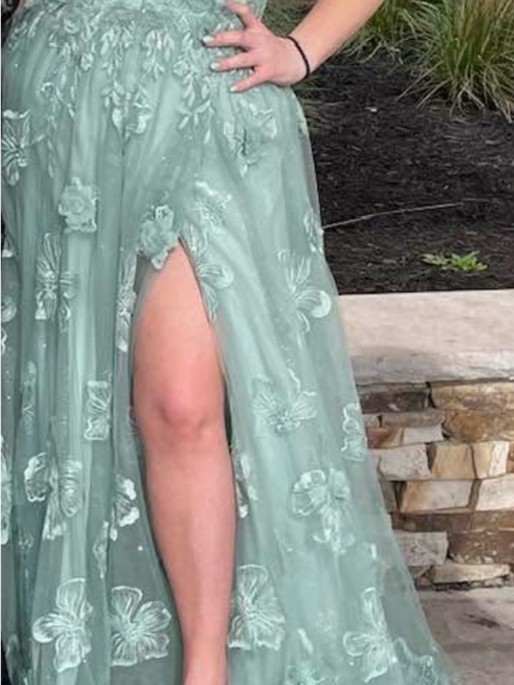 ellie wilde Mint Green Floral Embroidered Prom Dress with High Slit